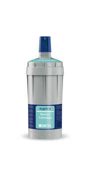 A gray BRITA PURITY S service cartridge filter with a blue cap and a light blue and navy label, shown on a white background.